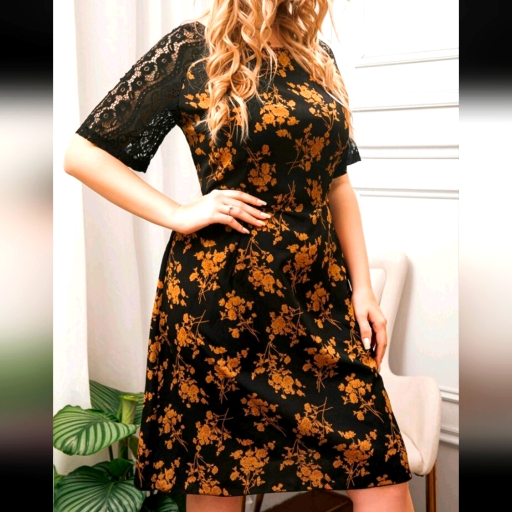 NWOT Floral Black and Gold Lace Sleeve Dress 1X